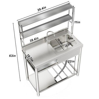 63" Freestanding Stainless Steel Outdoor Utility Sink with Storage Shelves