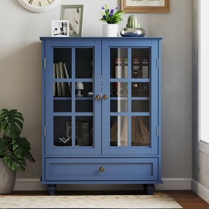 GDFStudio Ekko Minimalist 36.22'' Storage Cabinet with Tempered Glass Doors, Adjustable Shelves and Drawer, Blue - 1 of 4