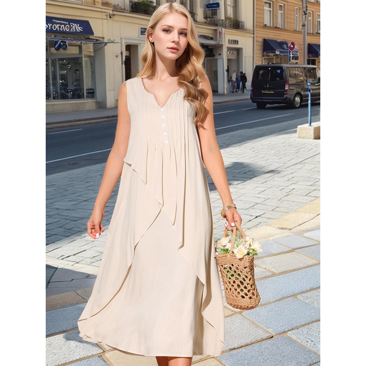 Женские платья INSPIRE CHIC Women's Summer Sleeveless V Neck Button Decor Flowy Maxi Tank Beach Dress Apricot Small 2 Packs Apricot/Black Small — фото 2