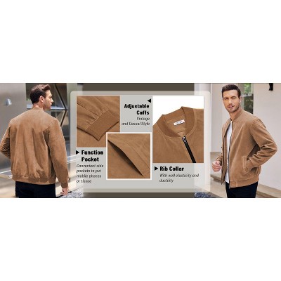 COOFANDY Men's Casual Varsity Jacket Vintage Lightweight Suede Bomber Jackets Light Brown S — фото 6
