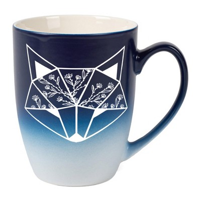 Elanze Designs Nature Animal Coffee Cup Mug 12 Ounce Ceramic With Ombre Gradient Floral Geometric Fox Navy Blue and White