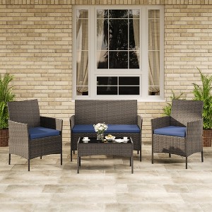 4-Piece Patio Furniture Set with Rattan Sofa, 2 Cushioned Chairs and ...