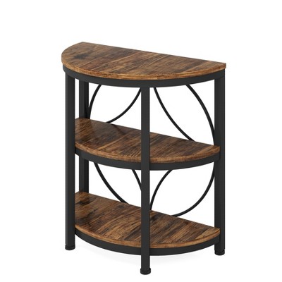 Lirago,Half-Round 3-Tier Side Table-Rustic Wood & Black Metal Frame, Open Storage, Multi-Purpose Design