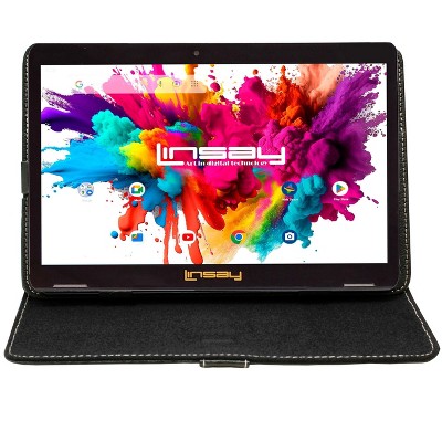 LINSAY® 10.1" Octa Core 128GB Storage Android 14 Tablet with Black Leather Case