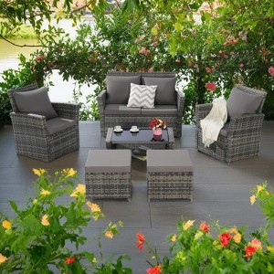 6-Piece Outdoor Patio Rattan Conversation Sofa Set with Tempered Glass Coffee Table - 1 of 4