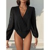 Women's V-Neck Bodysuit Long Sleeve Lace Sheer Solid Color - 3 of 4