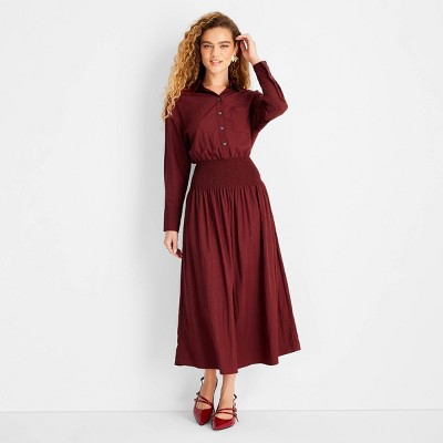 Women Collared Long Sleeve Smocked Midi Shirtdress – Future Collective
