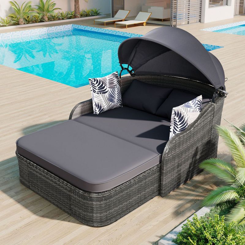 79.9" Outdoor Sunbed with Adjustable Canopy, Daybed With Pillows, Double lounge, PE Rattan Daybed, Gray Wicker-Maison Boucle, 2 of 9