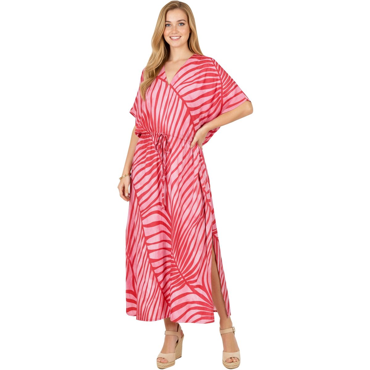 HAPPY BAY Women's Summer Vacation Loungewear Casual Long Kaftan Beach Cover Up Dress Maxi Dresses Caftans for Women One Size Red Leaf