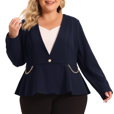 Agnes Orinda Women's Plus Size Work Fashion Button Chain Jacket Blazers  Navy Blue 4X