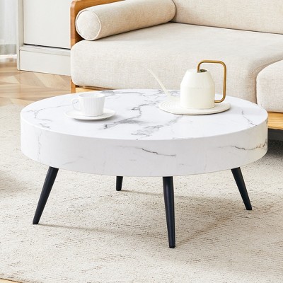 Round Coffee Table Modern Cocktail Table Center Table Side Table Accent Table with Marble-Patterned Top, White/Black-ModernLuxe