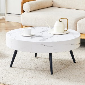 Round Coffee Table Modern Cocktail Table Center Table Side Table Accent Table with Marble-Patterned Top, White/Black-ModernLuxe - 1 of 4