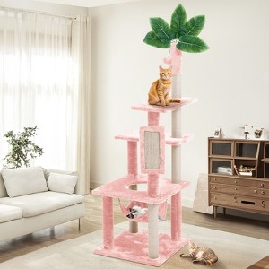 Modern Multicoloured 600 GSM Soft Plush Cat Tree Pet Tower with Sisal Post and Hanging Ball, Fake Real Leaves - 1 of 4