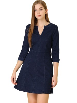 Allegra K Women's Casual A-Line Jeans Split Neck 3/4 Sleeve Short Stretchy Denim Dresses