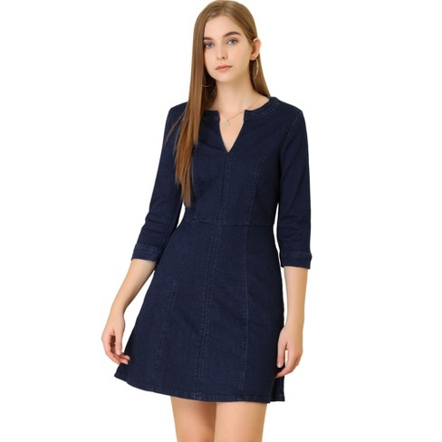 Allegra K Women's Casual A-line Jeans Split Neck 3/4 Sleeve Short Stretchy Denim  Dresses : Target