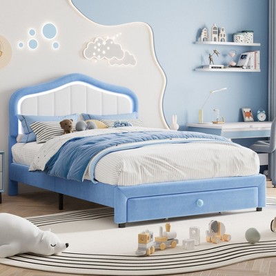 Homhougo Full Upholstered Bed Frame with Storage Drawers, Cute Girls & Boys Bed with Adjustable Headboard Blue