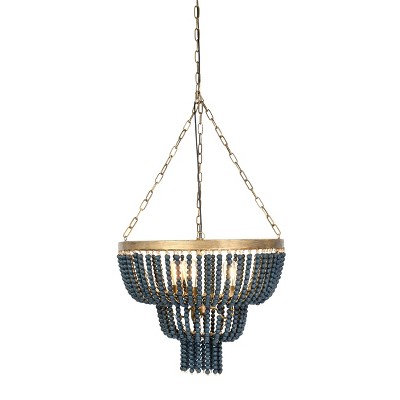 Blue Wood Bead 2-Tier Chandelier with Brass Accents