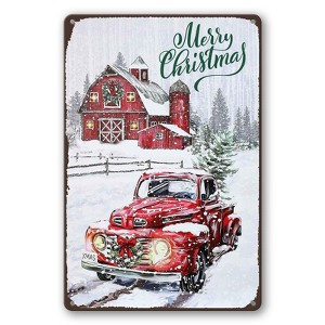 Vintage Christmas Red Truck Wall Sign - Metal Plaque Sign Decorations - 8x12 Inch - 1 of 4