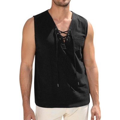 Men's Cotton Linen Tank Top Shirts Casual Sleeveless Lace Up Beach Hippie Tops Bohemian Renaissance Pirate Tunic