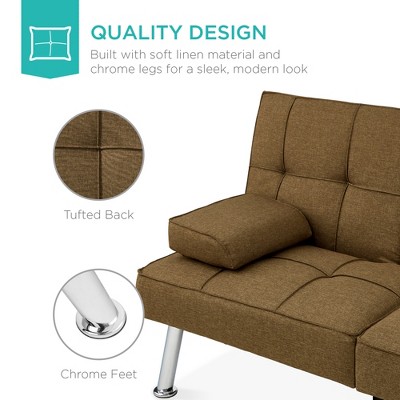 Modern Brown Linen Convertible Sleeper Sofa with Metal Legs and Cup Holder