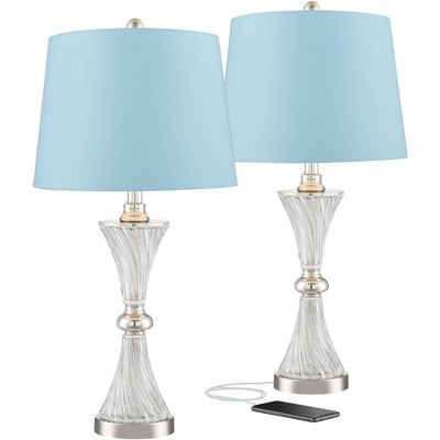 Regency Hill Luca Modern Table Lamps 25 1/2" High Set of 2 Clear Glass with USB Charging Ports Blue Hardback Shade for Bedroom Living Room Desk Office