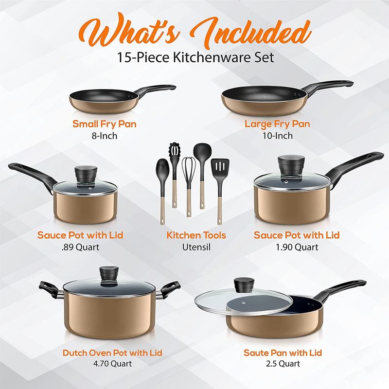 SereneLife 15 Piece Essential Home Heat Resistant Non Stick Kitchenware Cookware Set w/ Fry Pans, Sauce Pots, Dutch Oven Pot, and Kitchen Tools, Gold, 3 of 8