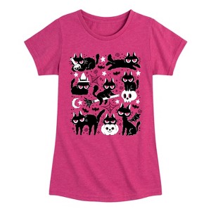 Girls' - Instant Message - Black Cat Halloween -Youth Girls Short Sleeve T-Shirt Fitted Short Sleeve Graphic T-Shirt - 1 of 4