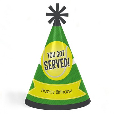 Big Dot of Happiness You Got Served - Tennis - Cone Tennis Ball Happy Birthday Party Hats for Kids and Adults - Set of 8 (Standard Size)
