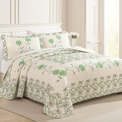 Full Size Sage Green Embroidered Floral Polyester Quilt