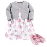 Hudson Baby Infant Girl Cotton Dress, Cardigan and Shoe 3pc Set, Pink Gray Floral