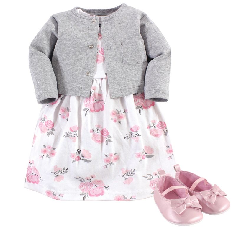 Hudson Baby Infant Girl Cotton Dress, Cardigan and Shoe 3pc Set, Pink Gray Floral, 1 of 7