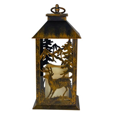 Northlight 13.5" Rustic Deer and Pine Tree Silhouette Lantern with Flameless LED Candle - Bronze