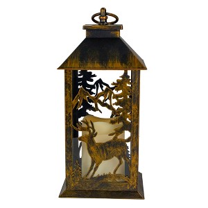 Northlight 13.5" Rustic Deer and Pine Tree Silhouette Lantern with Flameless LED Candle - Bronze - 1 of 3