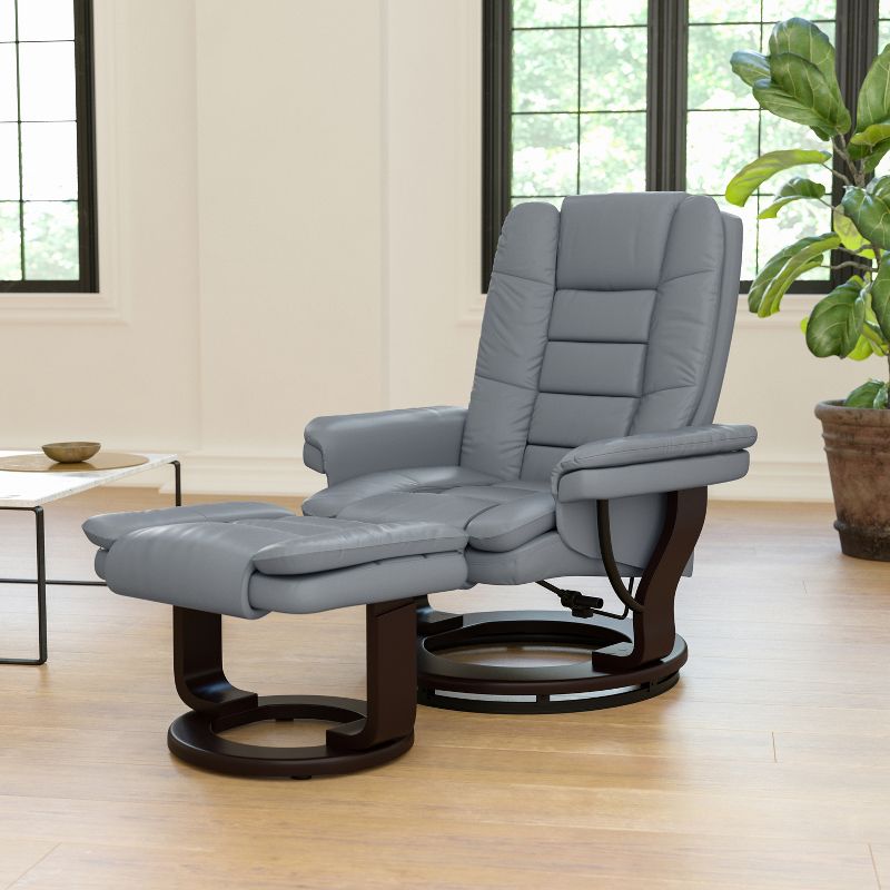 Flash Furniture Bali Contemporary Multi-Position Recliner with Horizontal Stitching and Ottoman with Swivel Mahogany Wood Base in Gray LeatherSoft, 2 of 12