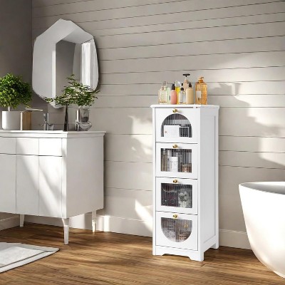 Bathroom Floor Cabinet, With 4 Drawers, 30cm Narrow Wood Bathroom Storage Unit, Freestanding Compact Cupboard Organiser