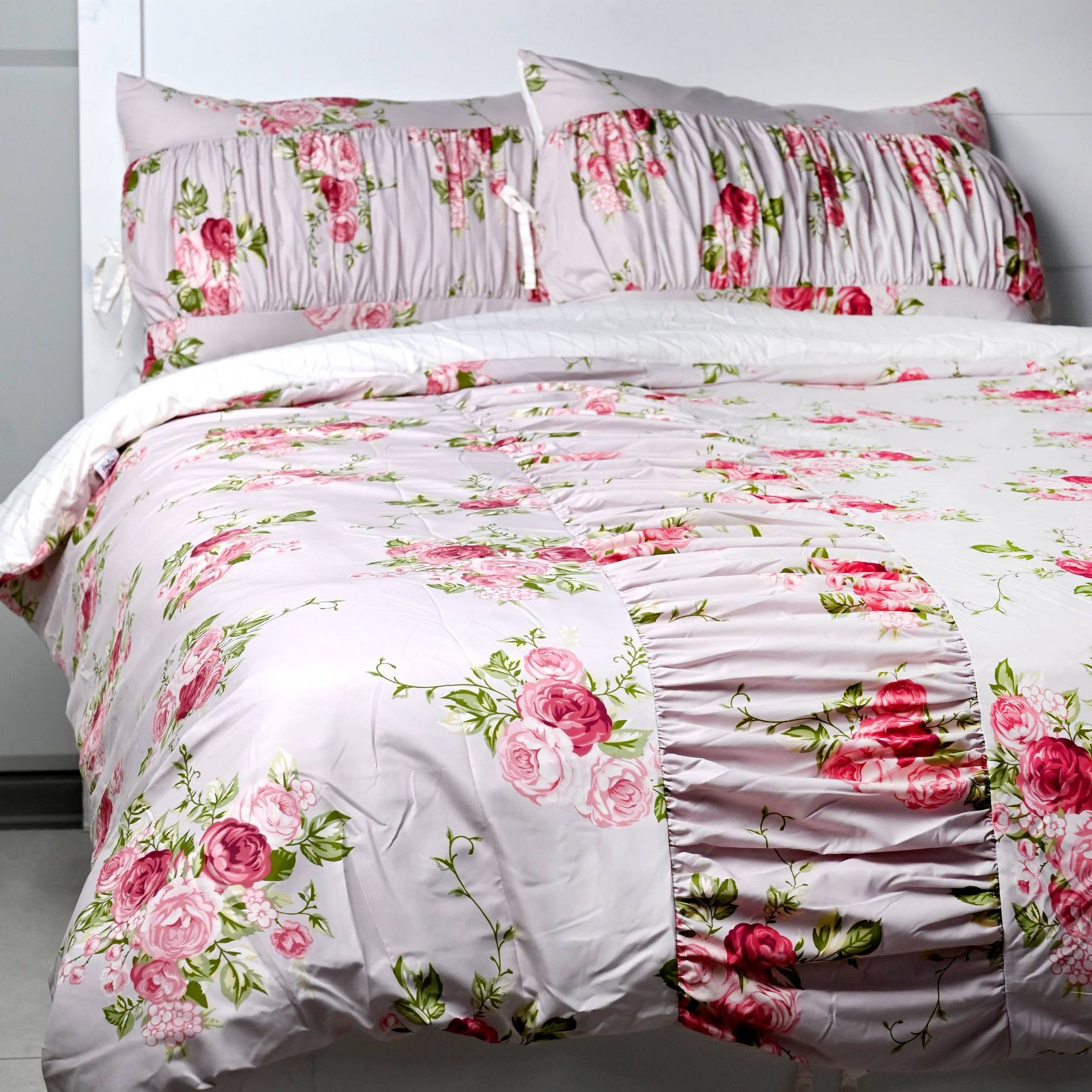 Ruched Comforter Set Pink Floral