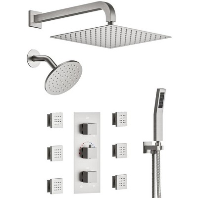 YAWWALK Thermostatic Triple Handles 8-Spray Dual Shower Head Shower Faucet with 6-Jets
