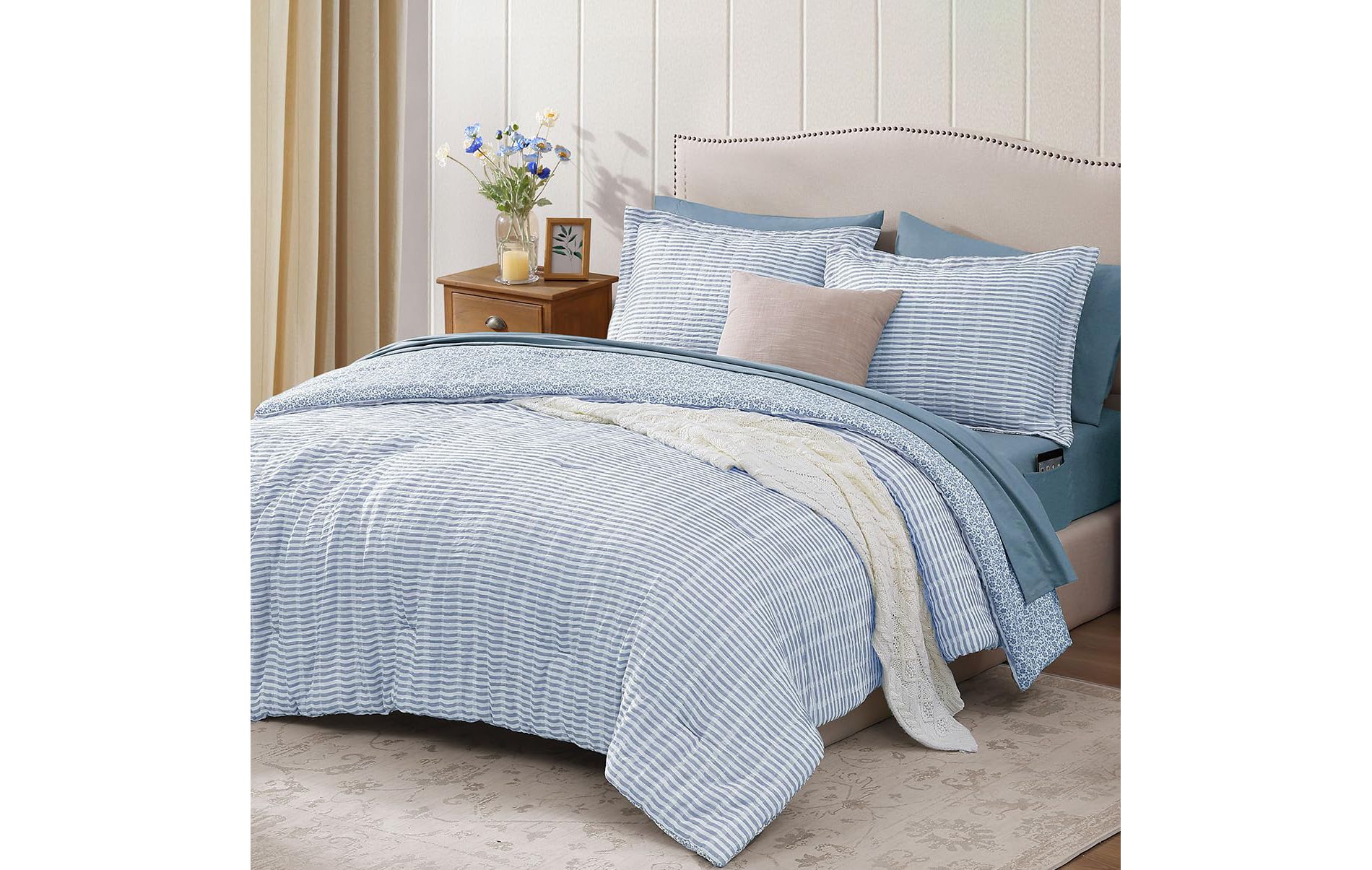 BAGOKIE 7 Pieces Bed in a Bag with Revesible Comforter, Sheets, Pillowcases & Shams,