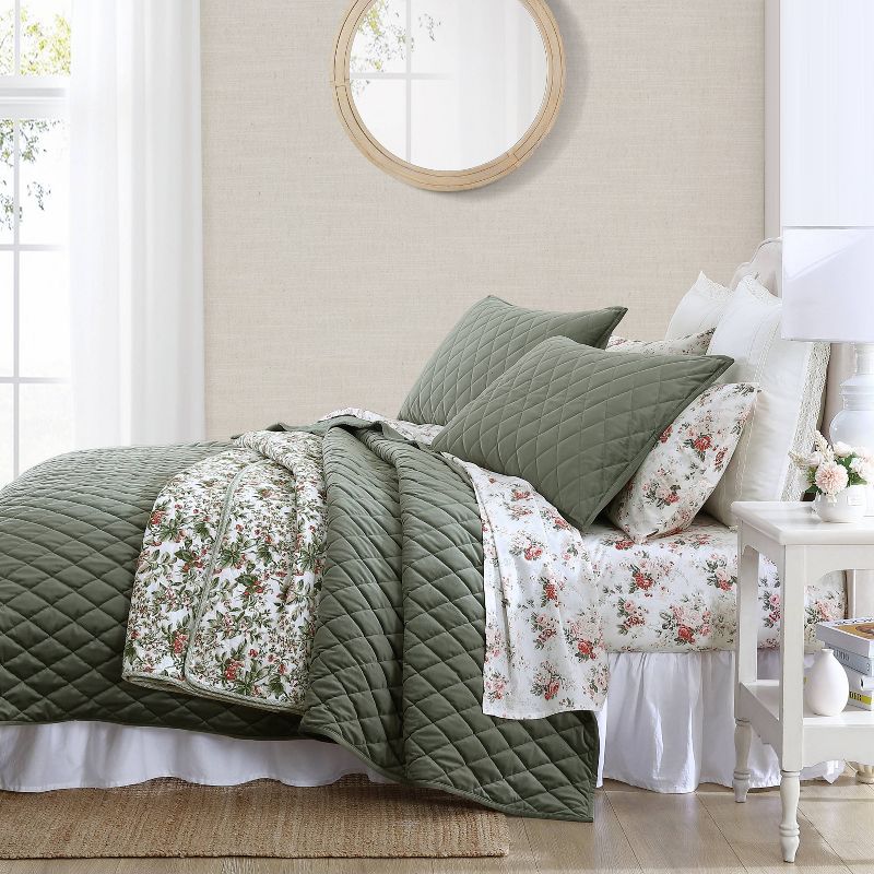 Laura Ashley Diamond 100% Polyester Quilt Bedding Set Green, 3 of 13