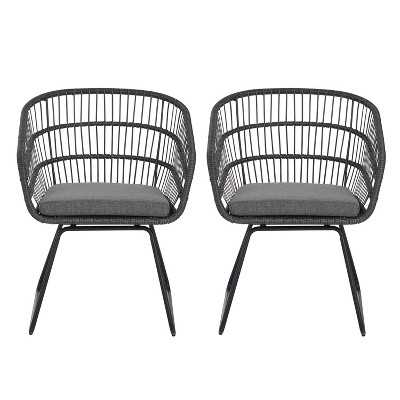 Christopher Knight Home Lemere Outdoor Wicker and Metal Upholstered Dining Chairs (Set of 2), Gray/Black