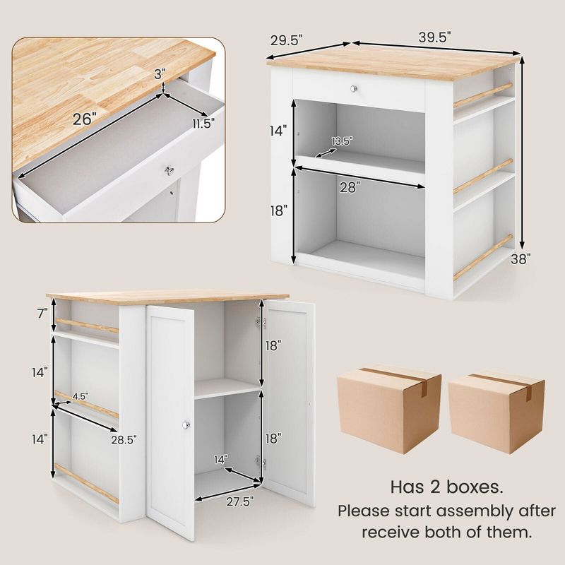 Tangkula Kitchen Island w/Storage Rubber Wood Countertop 2-Door Cabinet Drawer Sideboard, 2 of 11