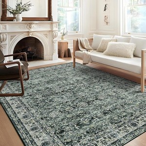 6'x9'Vintage Floral Washable Rug Non-Slip, Retro Low Pile Throw Rug for Living Room Bedroom Dining Room, Soft Foldable Carpet,Green - 1 of 4