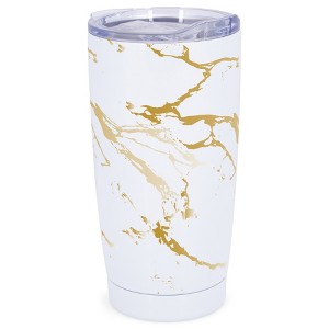 Elanze Designs 20 oz Stainless Steel On the Go Insulated Travel Tumbler With Push Top Lid, Gold Tone Marble Print White - 1 of 4