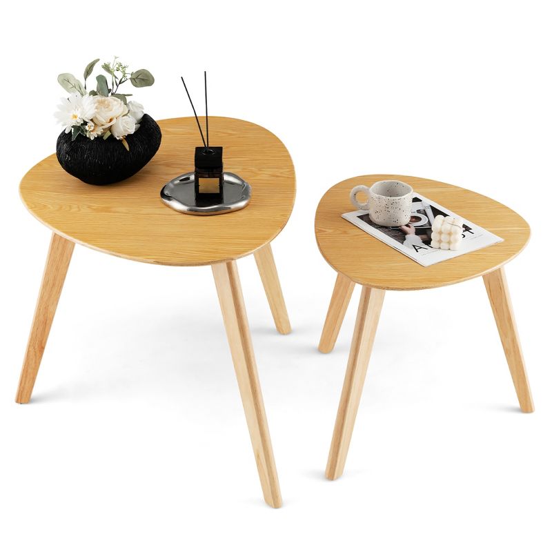 Costway Nesting Table Set of 2 Triangle Modern Coffee Table Rubber Wood for Living Room, 1 of 11