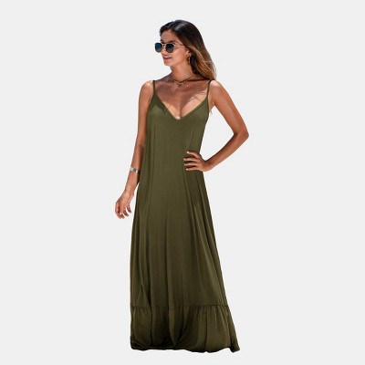Women's Alluring Olive Green Maxi Dress with Plunging Neckline - Cupshe