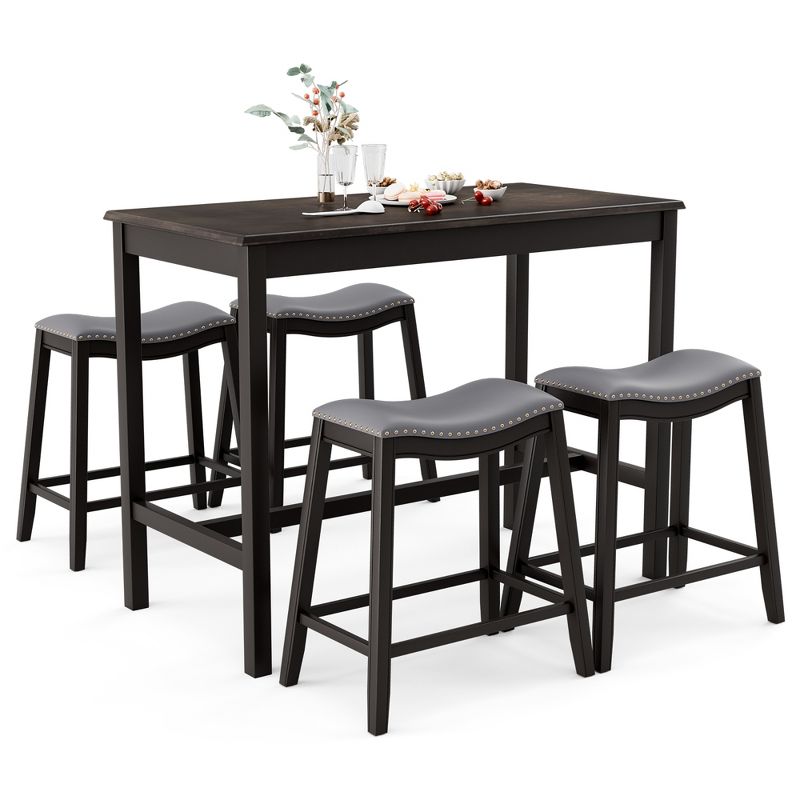 Costway 5PCS Bar Table Set Counter Height Table & Upholstered Saddle Stools Set for 4, 1 of 11