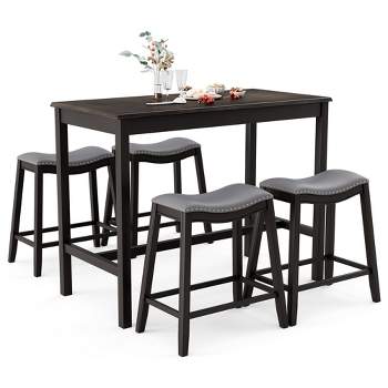 Costway 5PCS Bar Table Set Counter Height Table & Upholstered Saddle Stools Set for 4