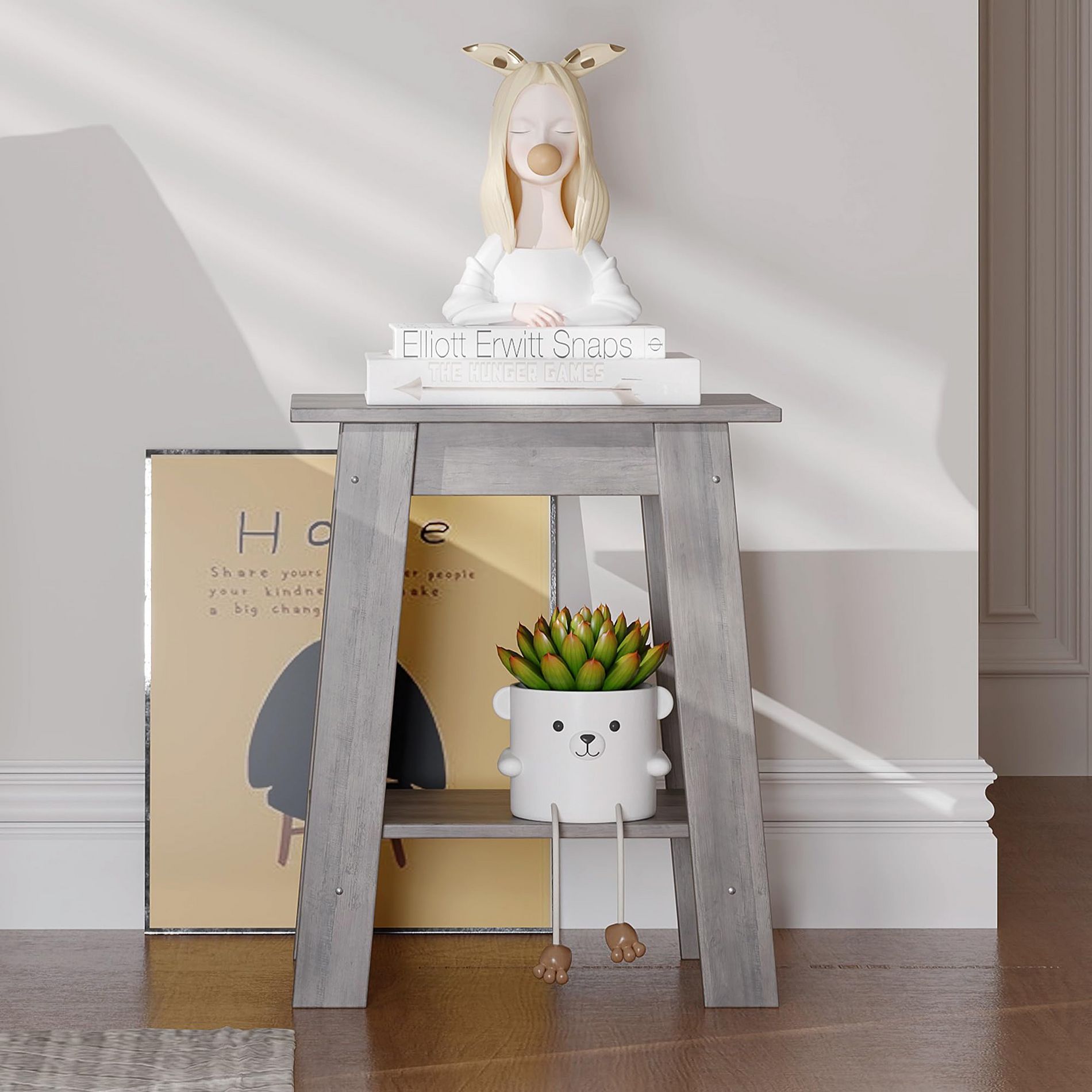 ODK End Table with Double Storage Shelves, Small Space Side Table for Farmhouse Bedroom, Studio Apartment, Entryway, Gray