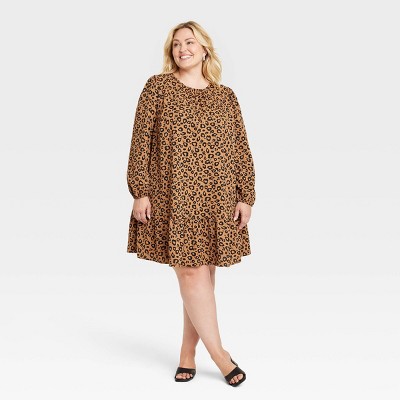 Leopard Print Short Sleeve Matching Brown Midi Plus Size Dresses