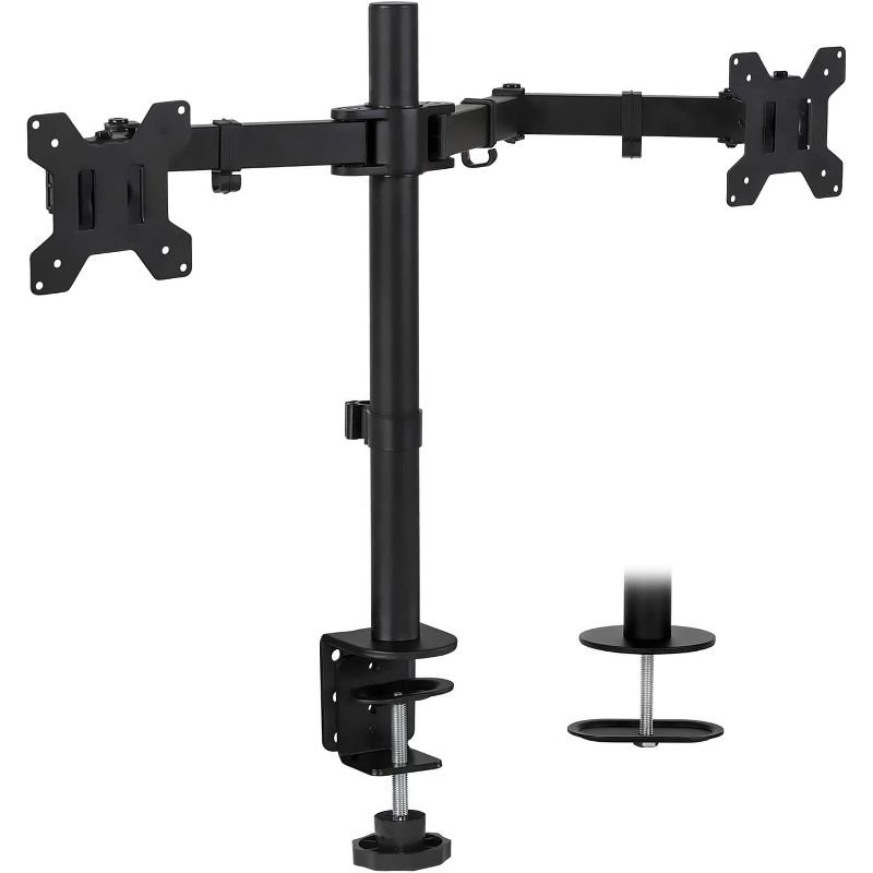 Mount-It! Dual Monitor Mount | Double Monitor Desk Stand | Interchangeable C-Clamp & Grommet Base | Heavy Duty Height Adjustable Arms Fit 19 - 32 in., 1 of 9